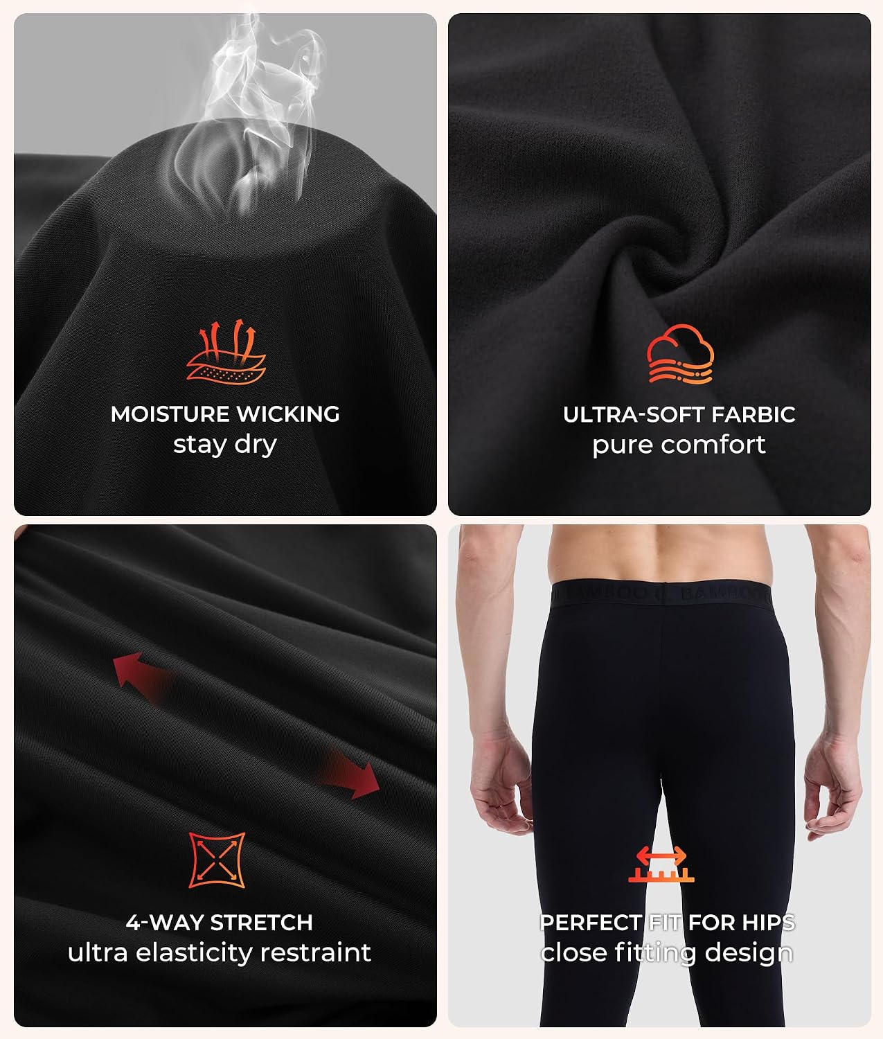 BAMBOO COOL Men's Thermal Underwear Lightweight Fleece Lined