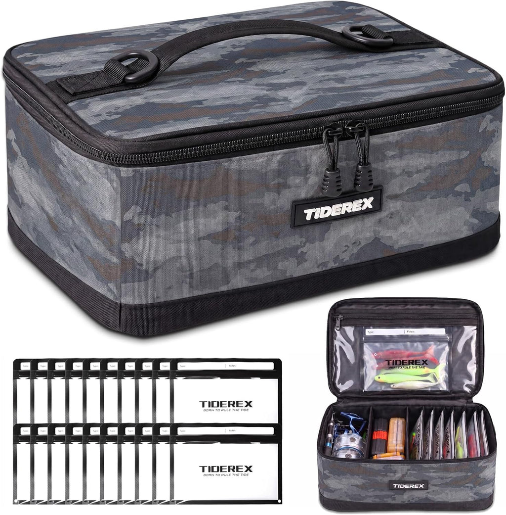 Fishing Tackle Bag with 20 DIY Soft Plastic Bait Bags, Gray