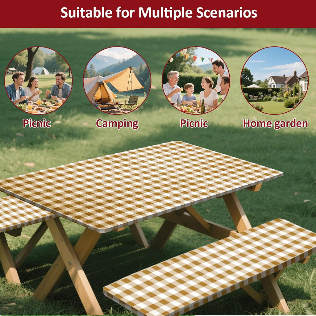 6ft 72in Picnic Table and Bench Cover, 3 Pack, Coffee Checkered