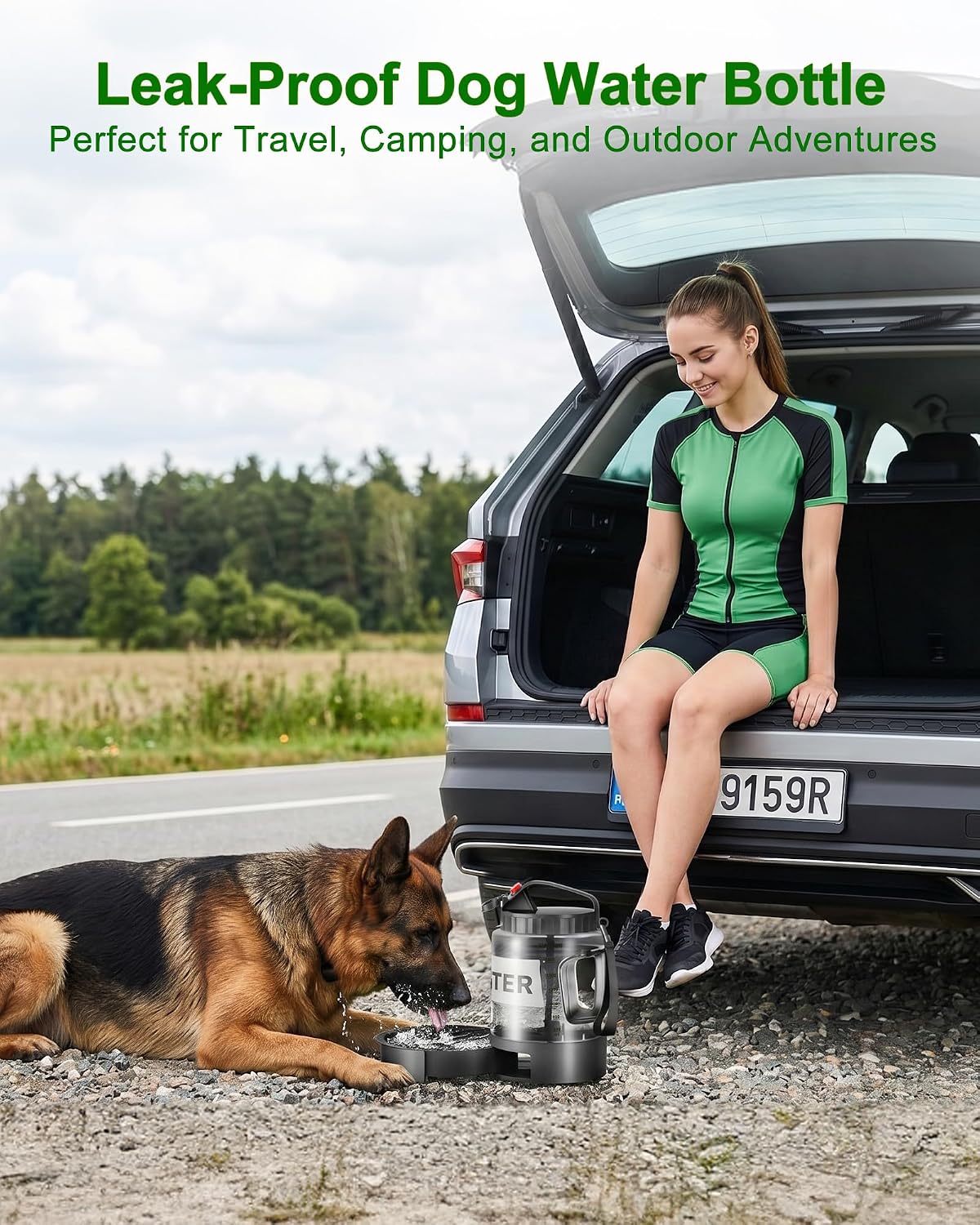 Portable Dog Water Bottle with Bowl, Large 77 oz/2.2 L, Black