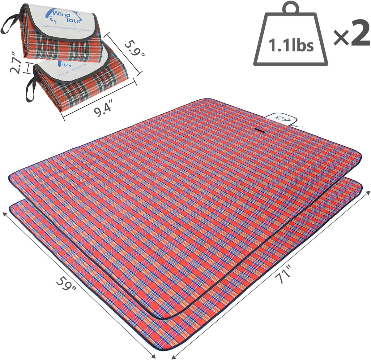 Wind Tour Waterproof Picnic Blanket with Carry Strap - Foldable Sandproof Outdoor Mat for Camping, Beach, Park - 59" x 71",Red (Two Mat Set)