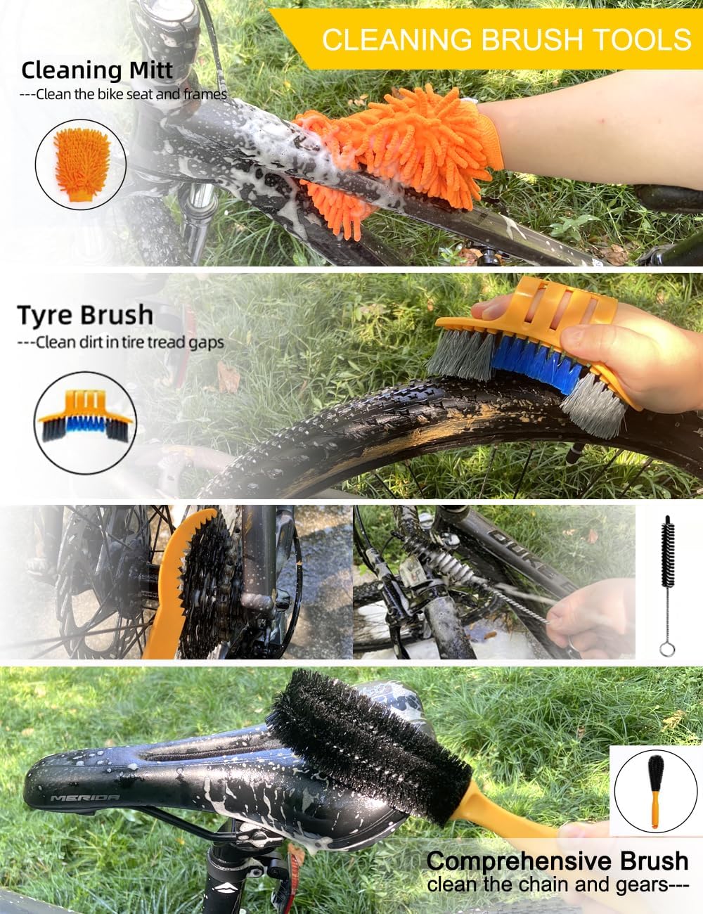 Bike Cleaning Kit - Complete Bicycle Maintenance Set with Degreaser, Lubricant, Chain Scrubber & Brushes for Mountain, Road, MTB, E-bikes