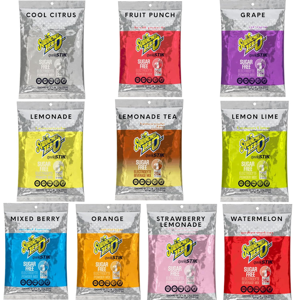 Sqwincher Zero Qwik Stik - Single Serve, Sugar Free, Low Calorie, Low Sodium Electrolyte Replacement Powder Hydration Drink Mix, .11 0z Packet (Pack of 500) Assorted Flavors