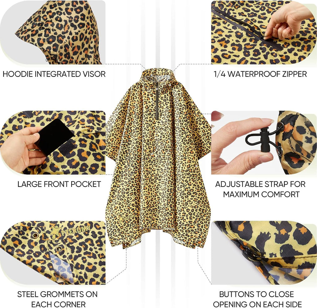 PTEROMY Hooded Rain Poncho for Adults, Reusable Waterproof Raincoat