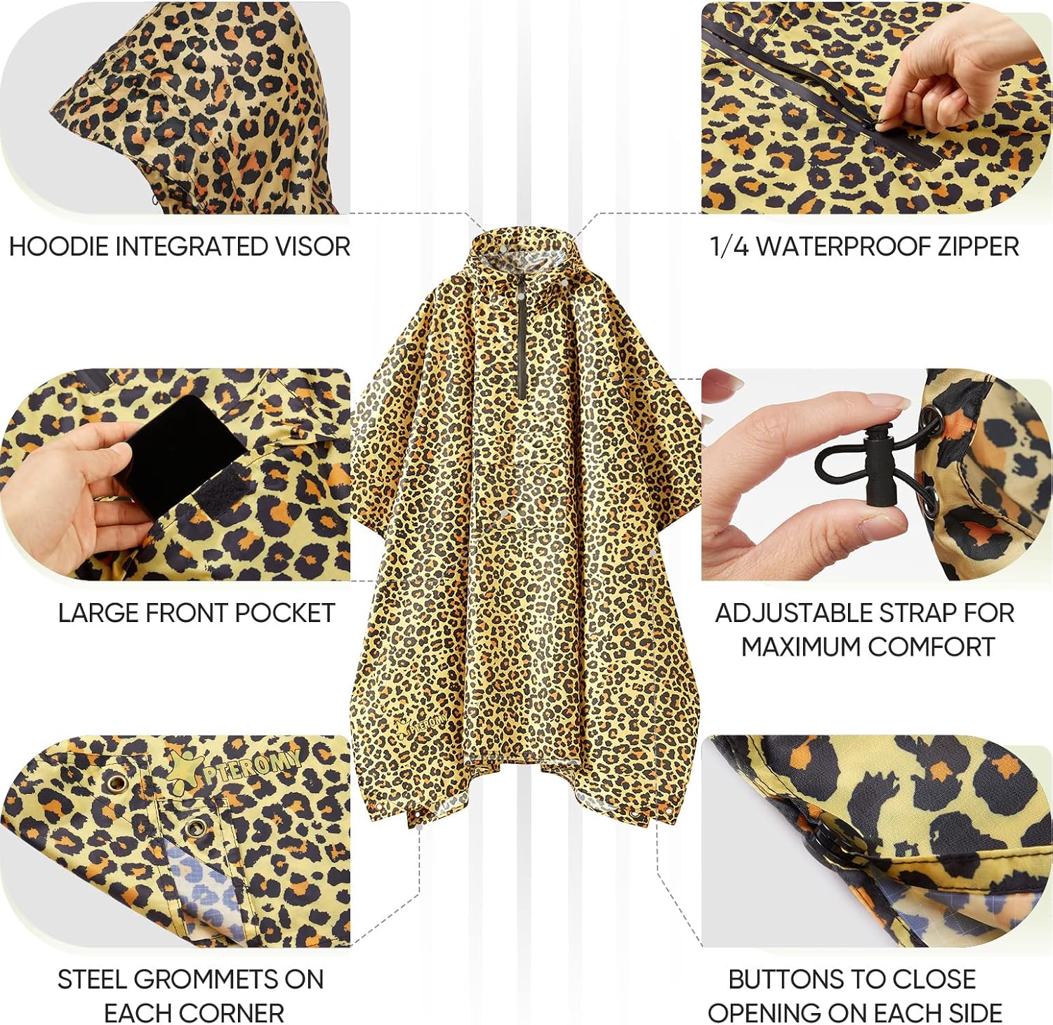 PTEROMY Hooded Rain Poncho for Adults, Reusable Waterproof Raincoat