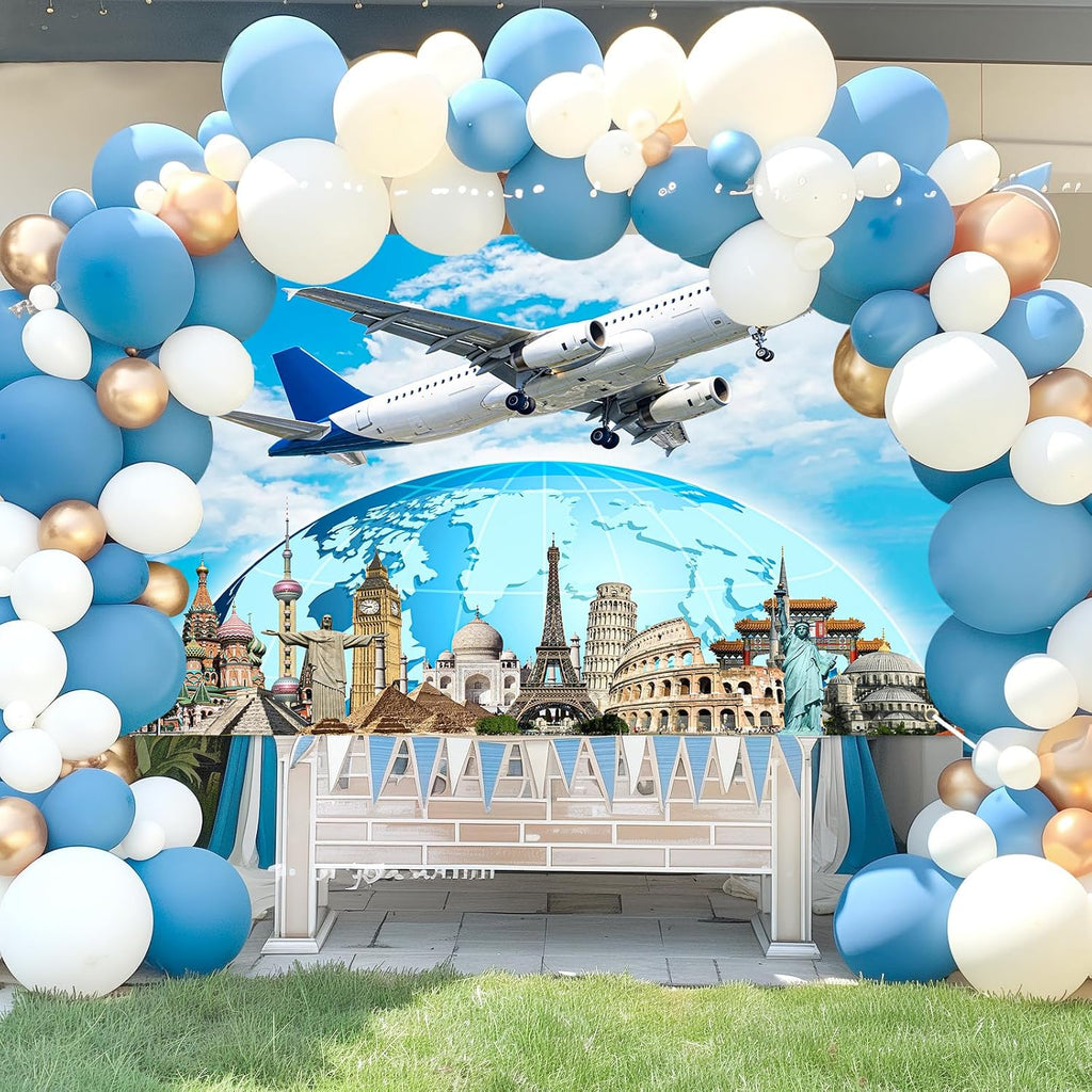 Global Travel Backdrop Airplane World Landmark Photography Background 7x5ft