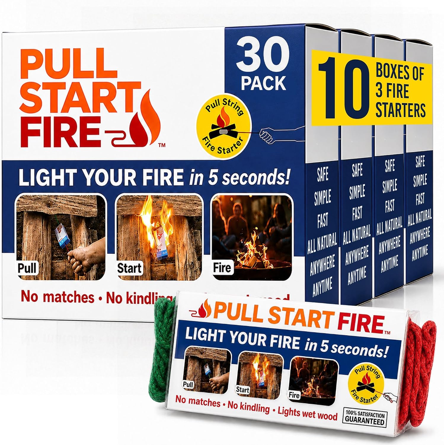 Pull Start Fire Starter, Pull String, No Matches, Lights Wet Wood, 30 Count