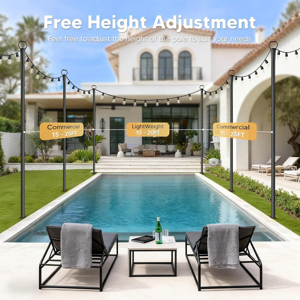 4 Pack String Light Poles for Outside, 10Ft Light Poles for Outdoor String Lights, Adjustable Outdoor String Light Poles with Fork,Metal Fence Post for Patio,Backyard,Deck