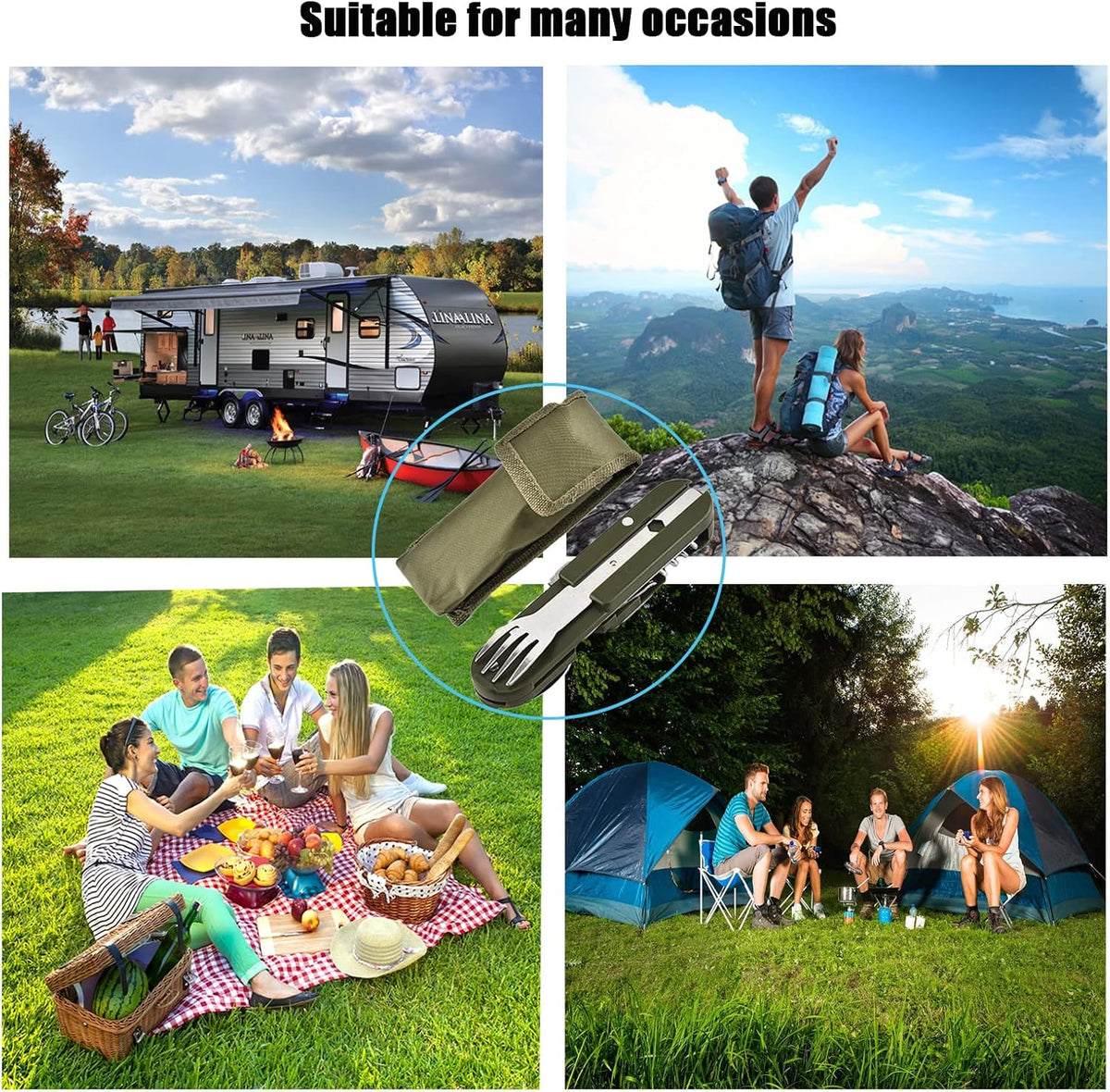 Detachable Camping Tableware Set, Portable 5-in-1 Stainless Steel Travel Tableware, Multifunctional Folding Outdoor Tableware (2 Packs)