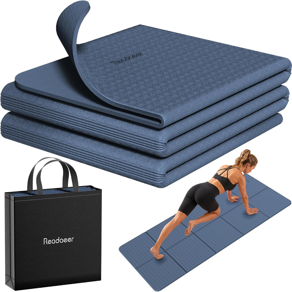 Readaeer Foldable Yoga Mat for Travel Folding Yoga Mat 6mm Thick with Carrying Bag, Non-Slip TPE Exercise Pilates Mat for 72" L x 24" W x 0.24 Inch