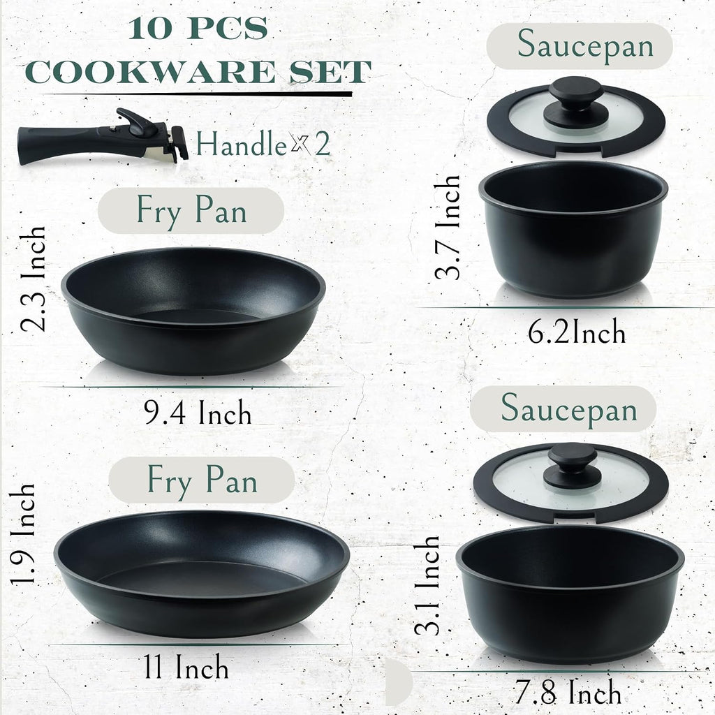 Moss & Stone 10-Piece Nonstick Pots and Pans Set, Removable Handle Cookware