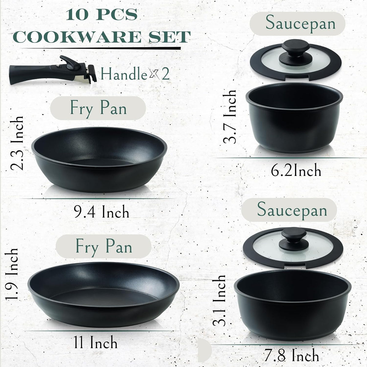 Moss & Stone 10-Piece Nonstick Pots and Pans Set, Removable Handle Cookware