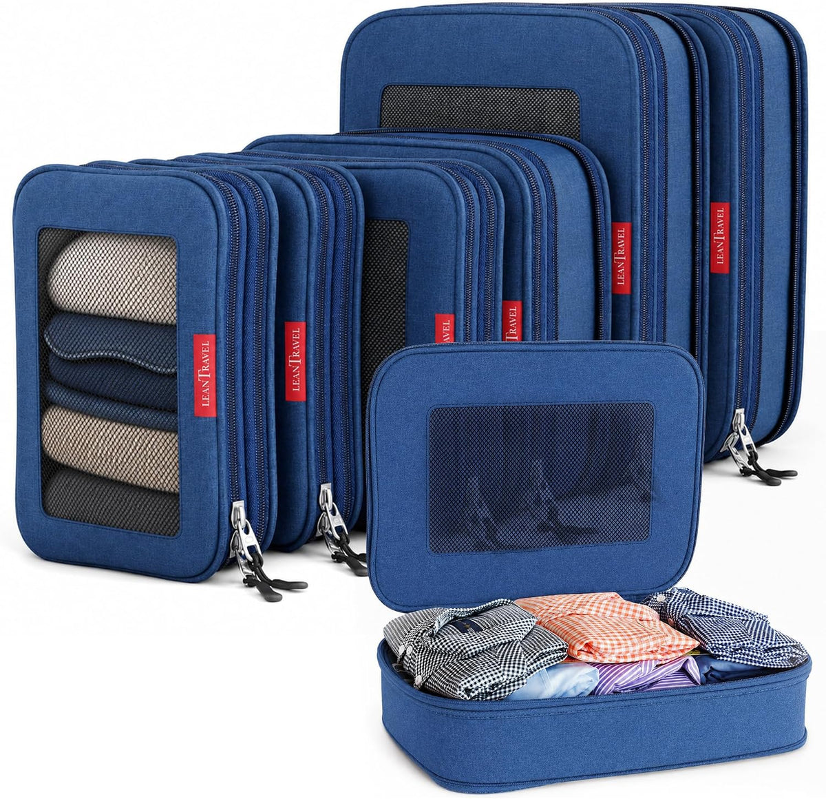 LeanTravel Premium Compression Packing Cubes for Travel - Suitcase Organizer Bags with Double Zipper & Breathable Mesh Panel - Space Saving Carry On Luggage Essentials (6-Pack, Navy Blue)