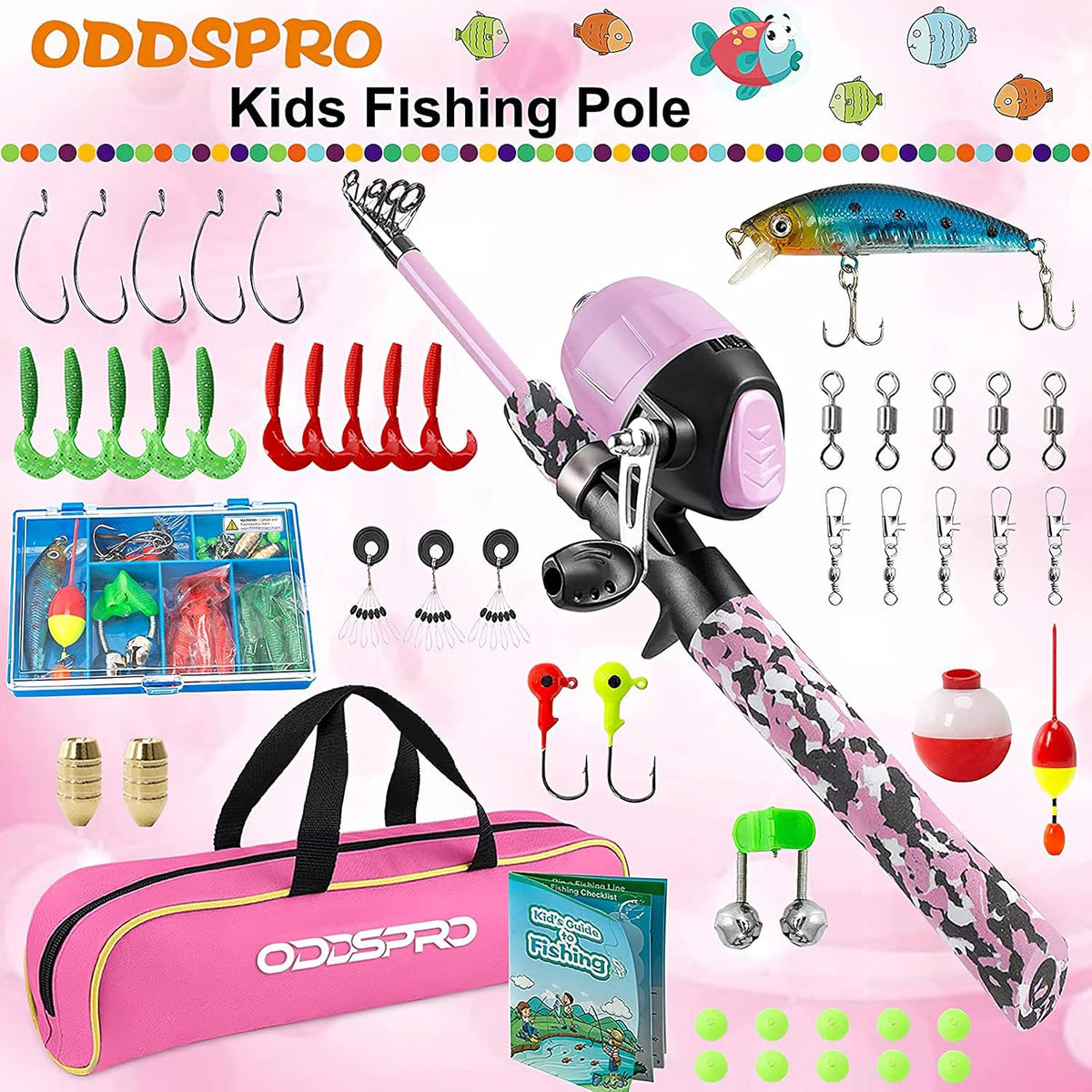 ODDSPRO Kids Fishing Pole Pink, Portable Telescopic Fishing Rod and Reel Combo Kit - with Spincast Fishing Reel Tackle Box for Girls, Youth
