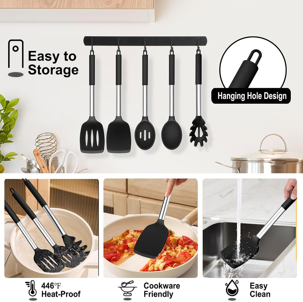 TeamFar Cooking Utensils Set, 5 PCS Silicone Kitchen Utensils, Black