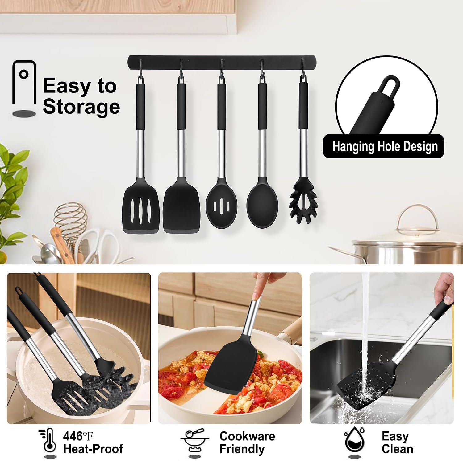 TeamFar Cooking Utensils Set, 5 PCS Silicone Kitchen Utensils, Black