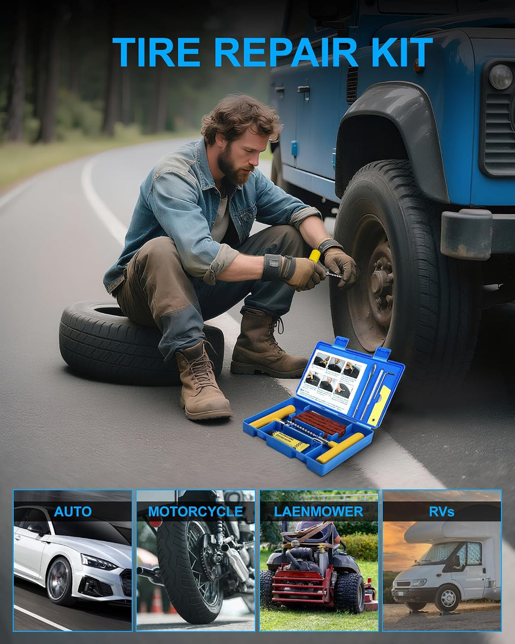 Tire Repair Kit with Plugs, Tire Plug Kit Heavy Duty Professional for Car, ATV, Motorcycle, Truck, Flat Tire Emergency Repair (Boxed Type - 19 PCs)