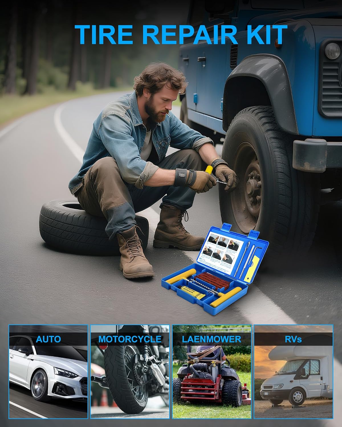 Tire Repair Kit with Plugs, Tire Plug Kit Heavy Duty Professional for Car, ATV, Motorcycle, Truck, Flat Tire Emergency Repair (Boxed Type - 19 PCs)