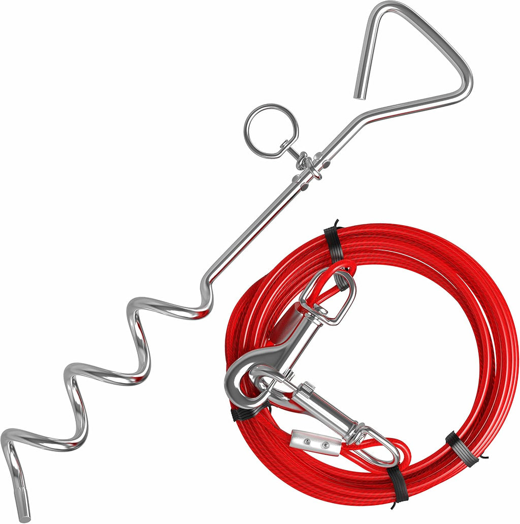 30ft Dog Tie Out Cable for Dogs, 16" Chrome Plated Anti Rust Stake, Great for Camping or The Garden, Suitable for Harness, Leash & Chain Attachments - Red