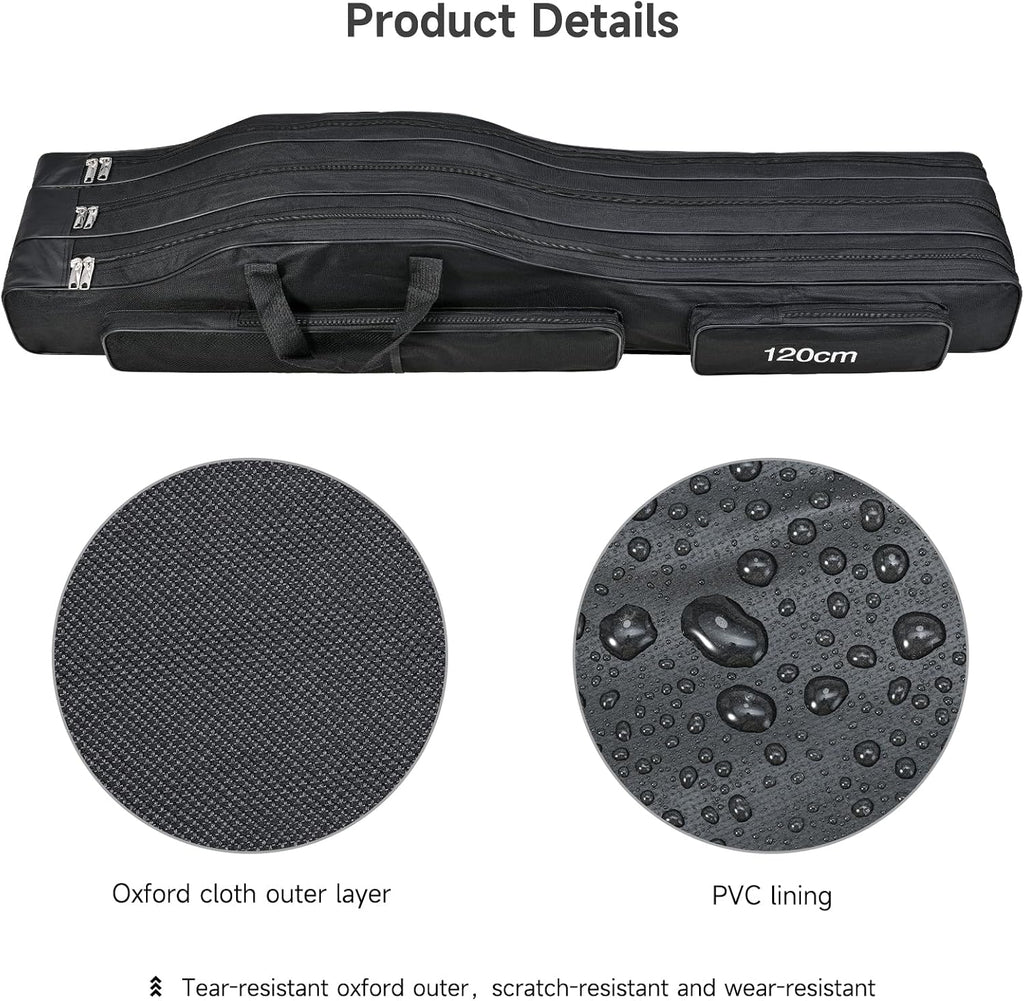 3 Layers Fishing Pole Bag,Portable 3 Layers Oxford Folding Rod Carry Case,Fishing Reel Tackle Storage Bag Case