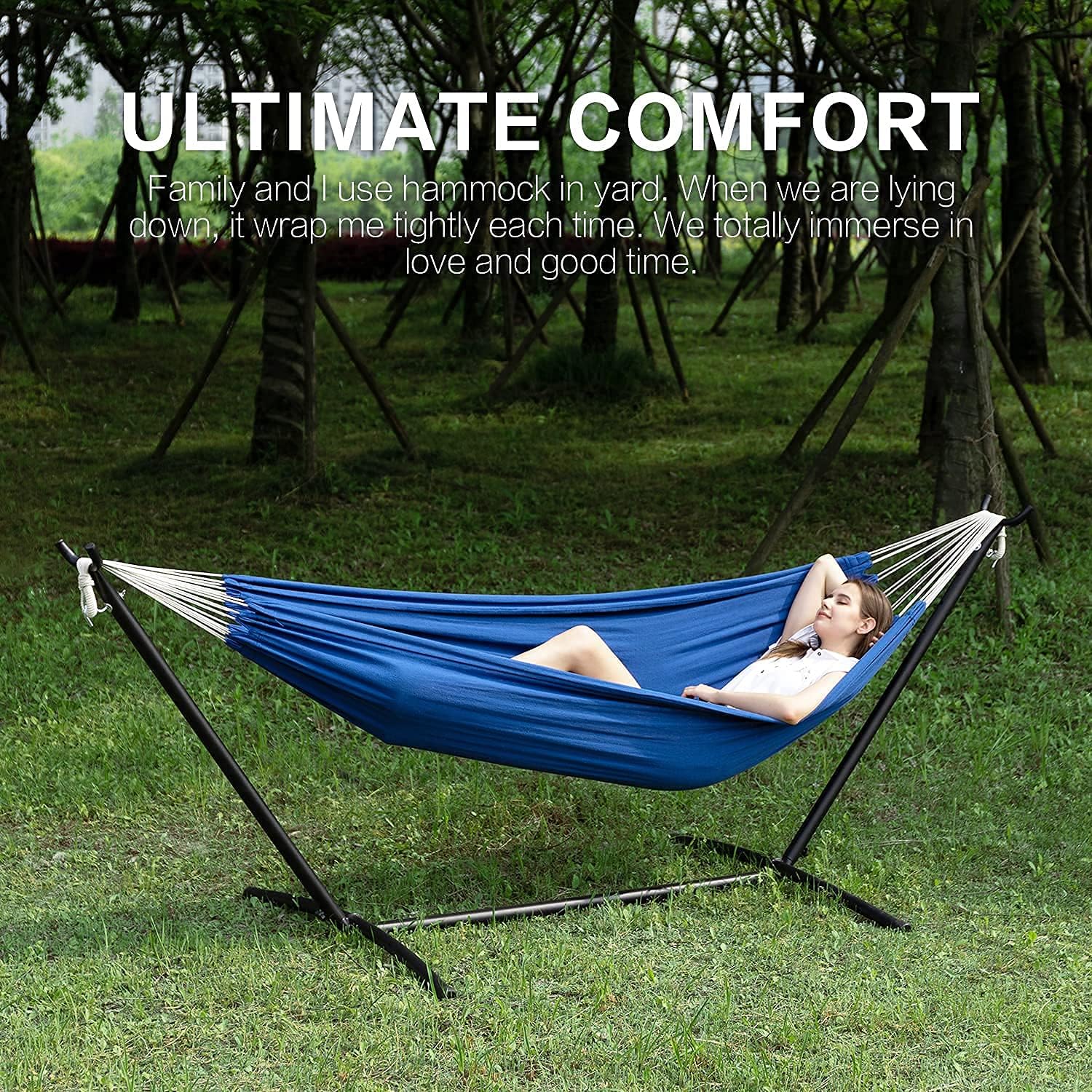 PNAEUT Double Hammock with Stand for Outside, Heavy-Duty, Portable (Navy)
