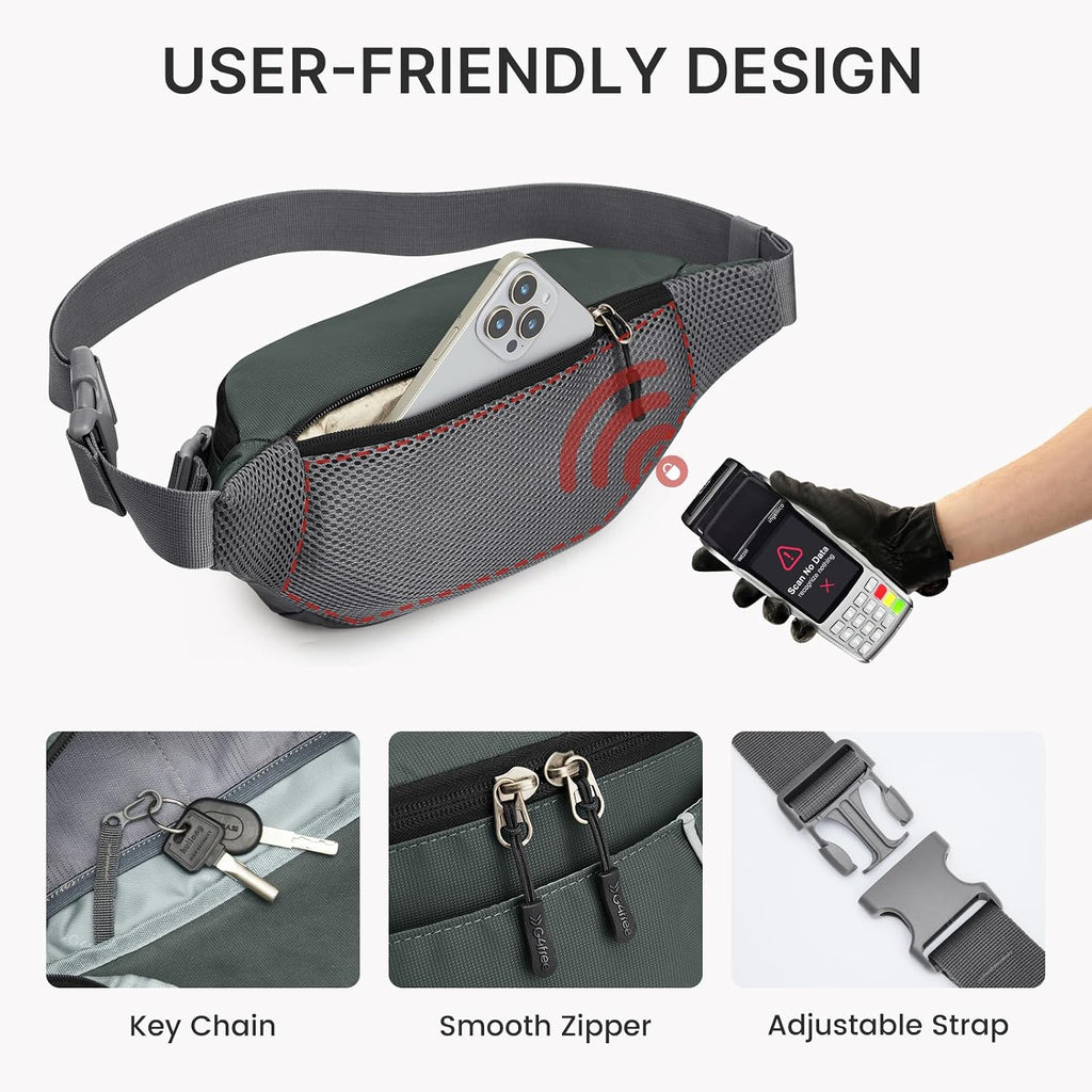 G4Free Fanny Pack for Men Crossbody Belt Bag Waist Pack with RFID Blocking Travel Hiking, Grey