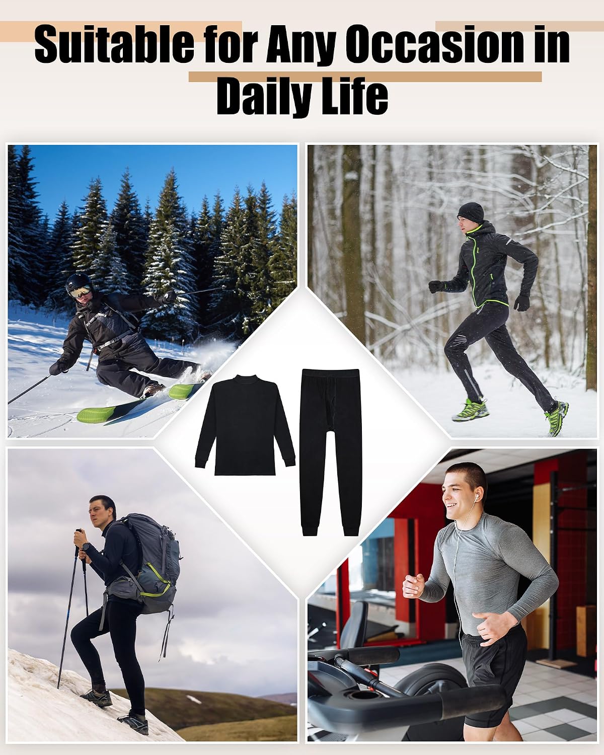 Jecery 4 Set Thermal Underwear for Men Cotton Thermals Turtleneck Underwear Warm Base Layer Top Bottom Set for Cold Weather
