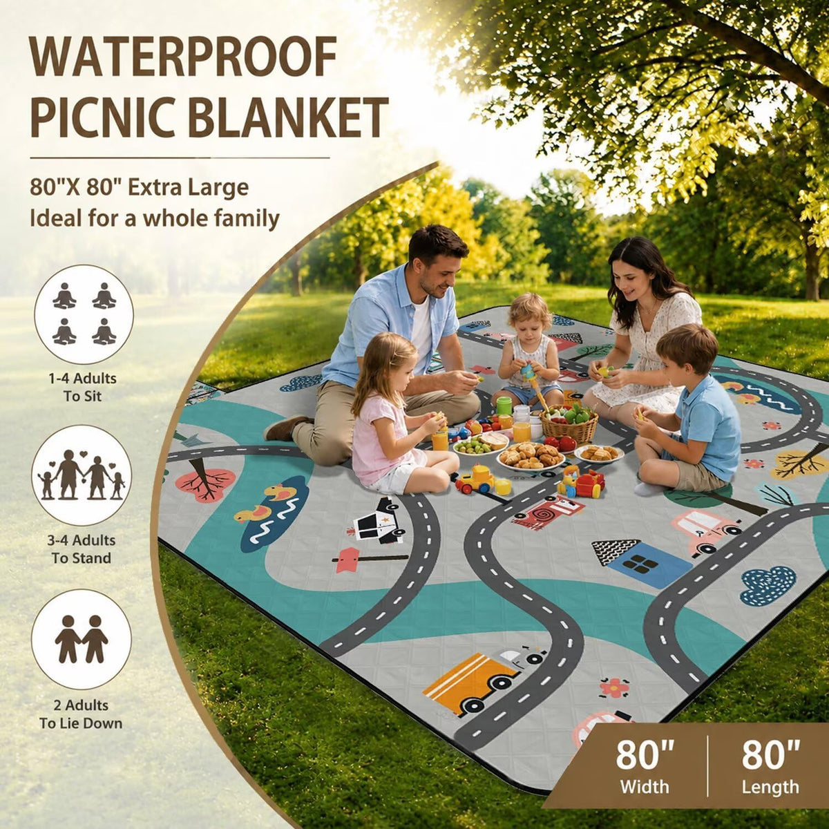 Extra Large Picnic Blanket Waterproof Beach Blanket 80"x 80" Outdoor Camping Mat Foldable Outdoor Blanket Picnic Mat Suitable for Park, Indoor Crawling, Lawn, Garden, Patio, Music Festival(Blue)