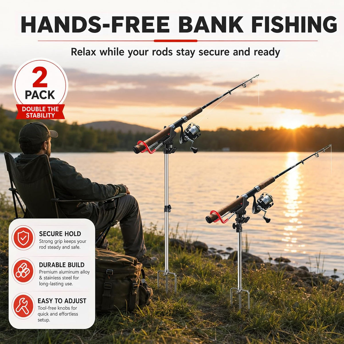 Fishing Rod Holder for Ground 2 Pack,Height Adjustable 22.4-34.3in,360 Degree Adjustable Easy Folder Rod Holder for Ground (Rod Holder -01)