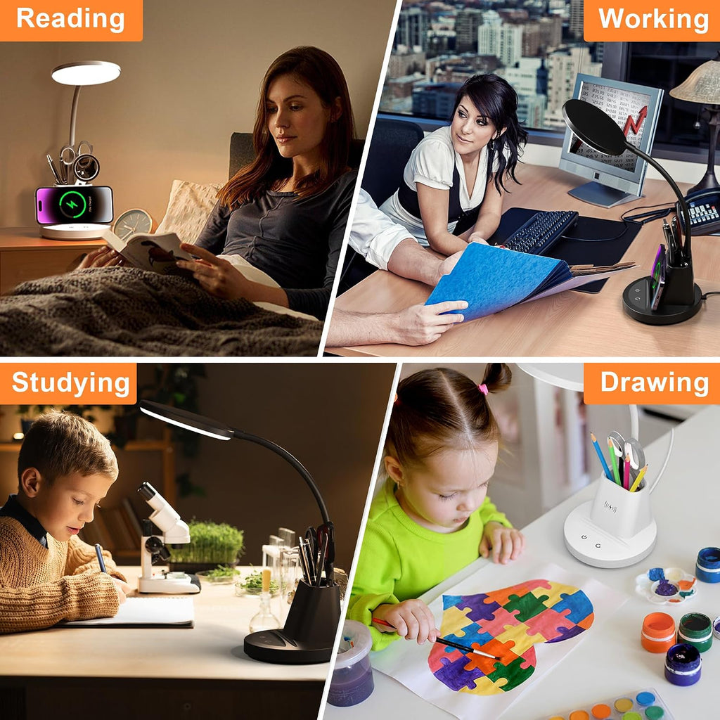 LED Desk Lamp with Wireless Charger for Home Office, White