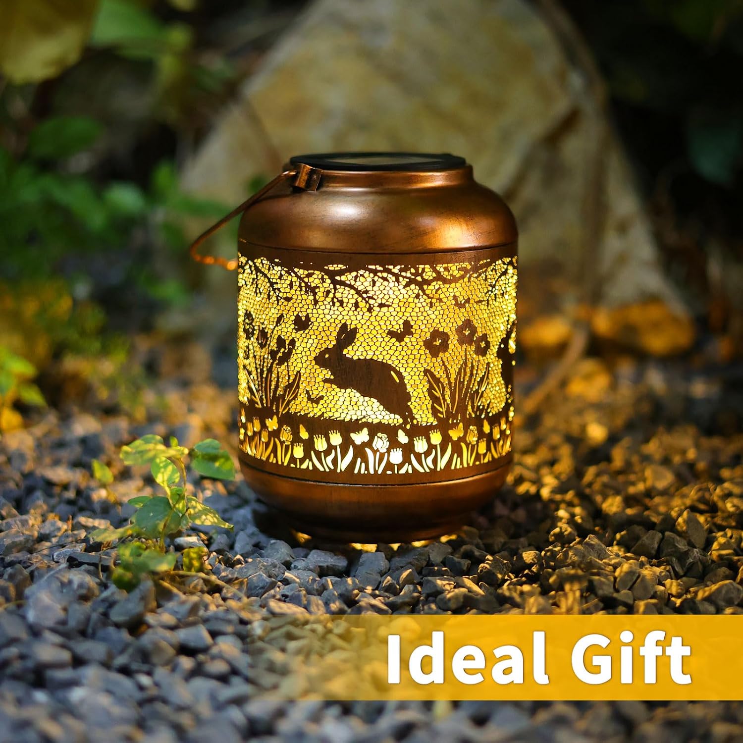 2Pack Rabbit Solar Lanterns Outdoor Waterproof Hanging Solar Lights Easter Bunny Gifts for Women Mom Grandma Metal Decorative LED Lantern Outside for Garden Decor,Yard,Patio,Lawn,Porch,Pathway