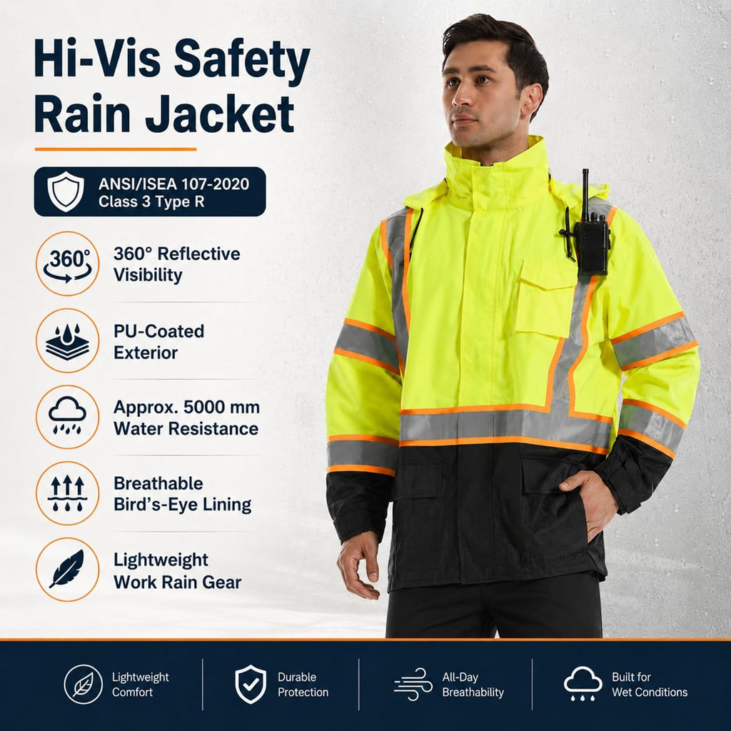 SKSAFETY Hi Vis Safety Rain Jacket for Men, Construction Work Rain Gear Heavy Duty Class 3 Rain Coat Waterproof Lightweight