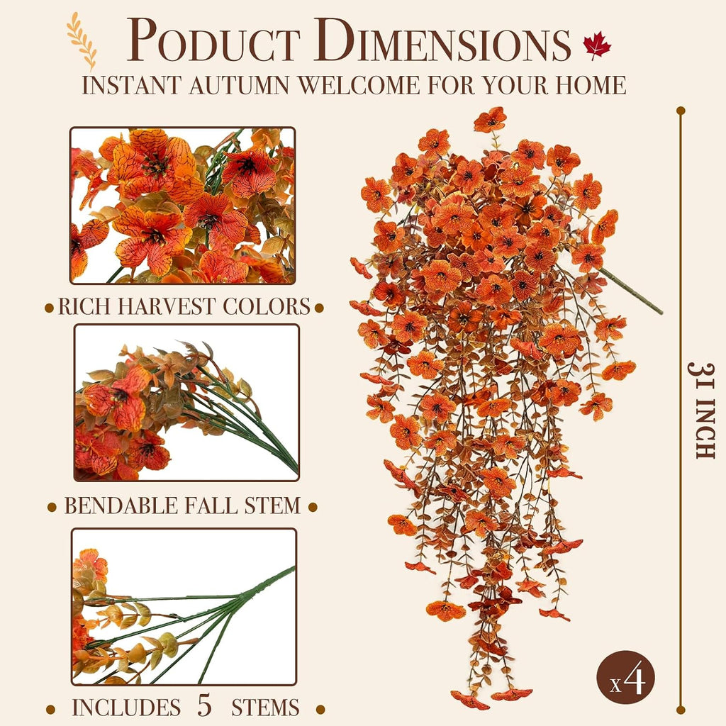 TURNMEON 4PCS Artificial Hanging Fall Flowers Fall Decoration UV Resistant