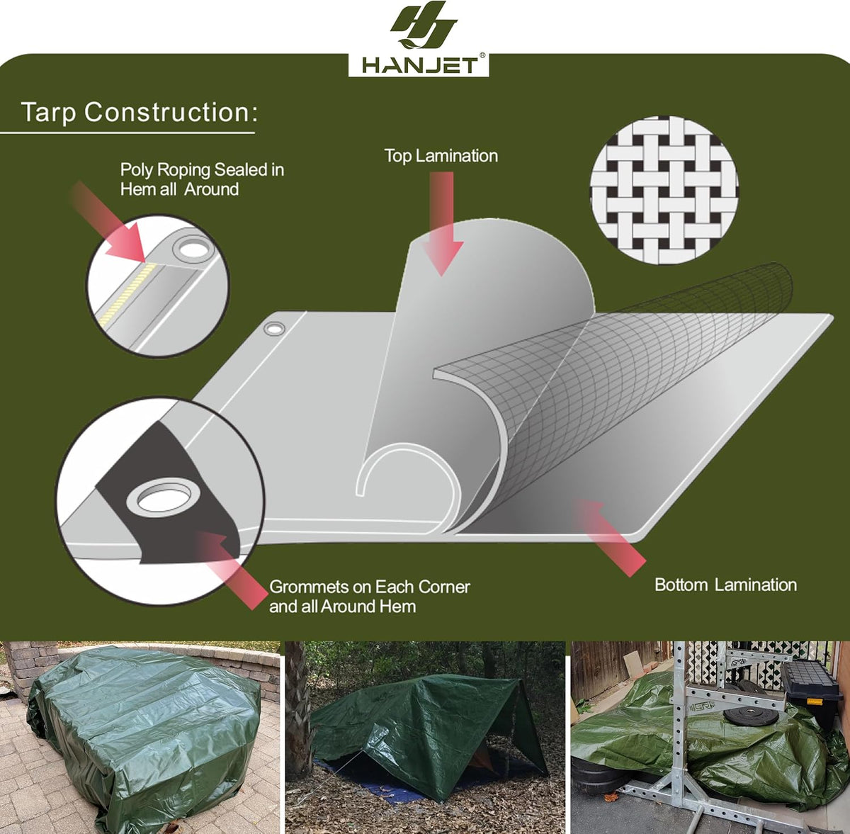 Thick Camping Tarp 12' x 20' 9-mil Shelter Waterproof Tarps for Boat Pool Green
