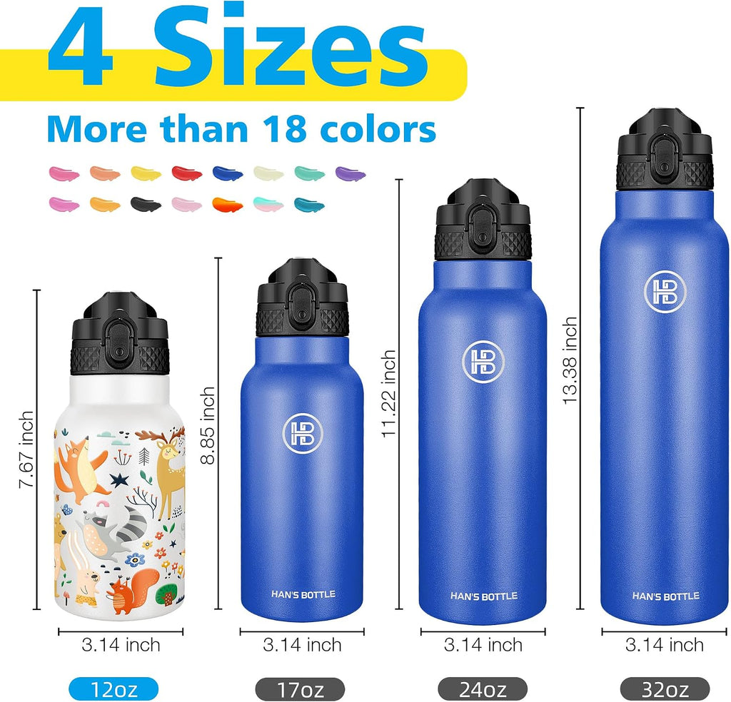 Han's Bottle Kids Water Bottle with Straw Lid - Insulated Stainless Steel Reusable Tumbler for Girls,Boys,Thermo Mug,12oz,Forest Animals