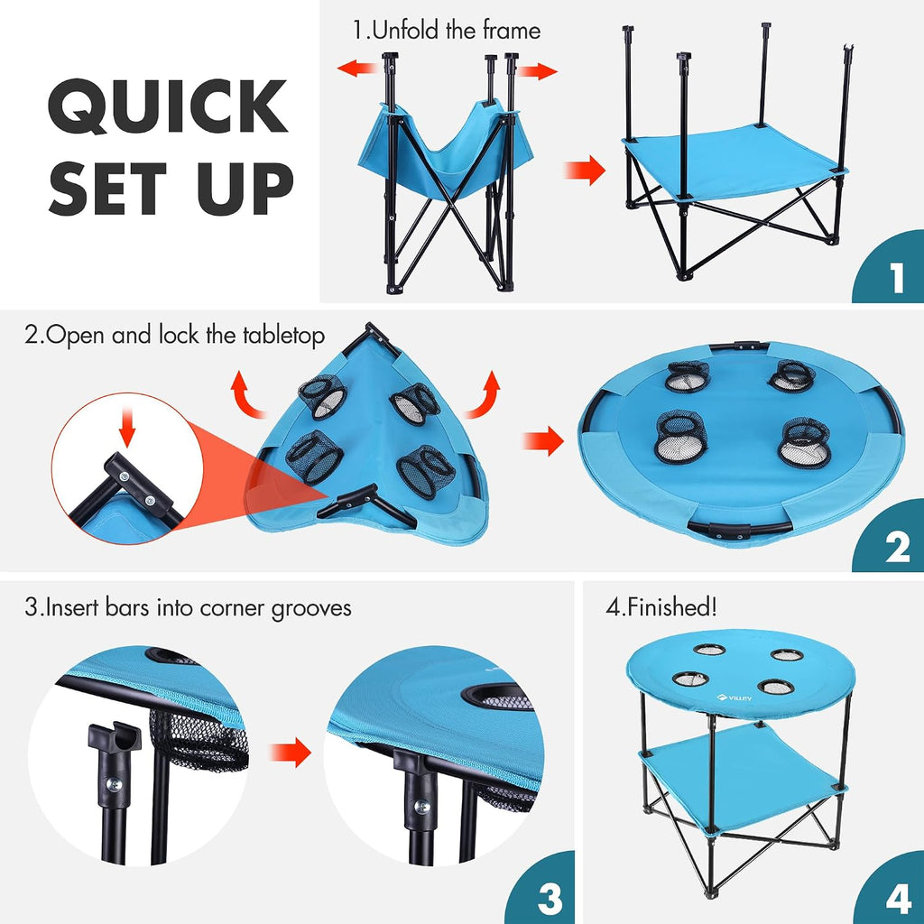 VILLEY Folding Camping Table, Double-Layer Round Camp Table with Carry Bag
