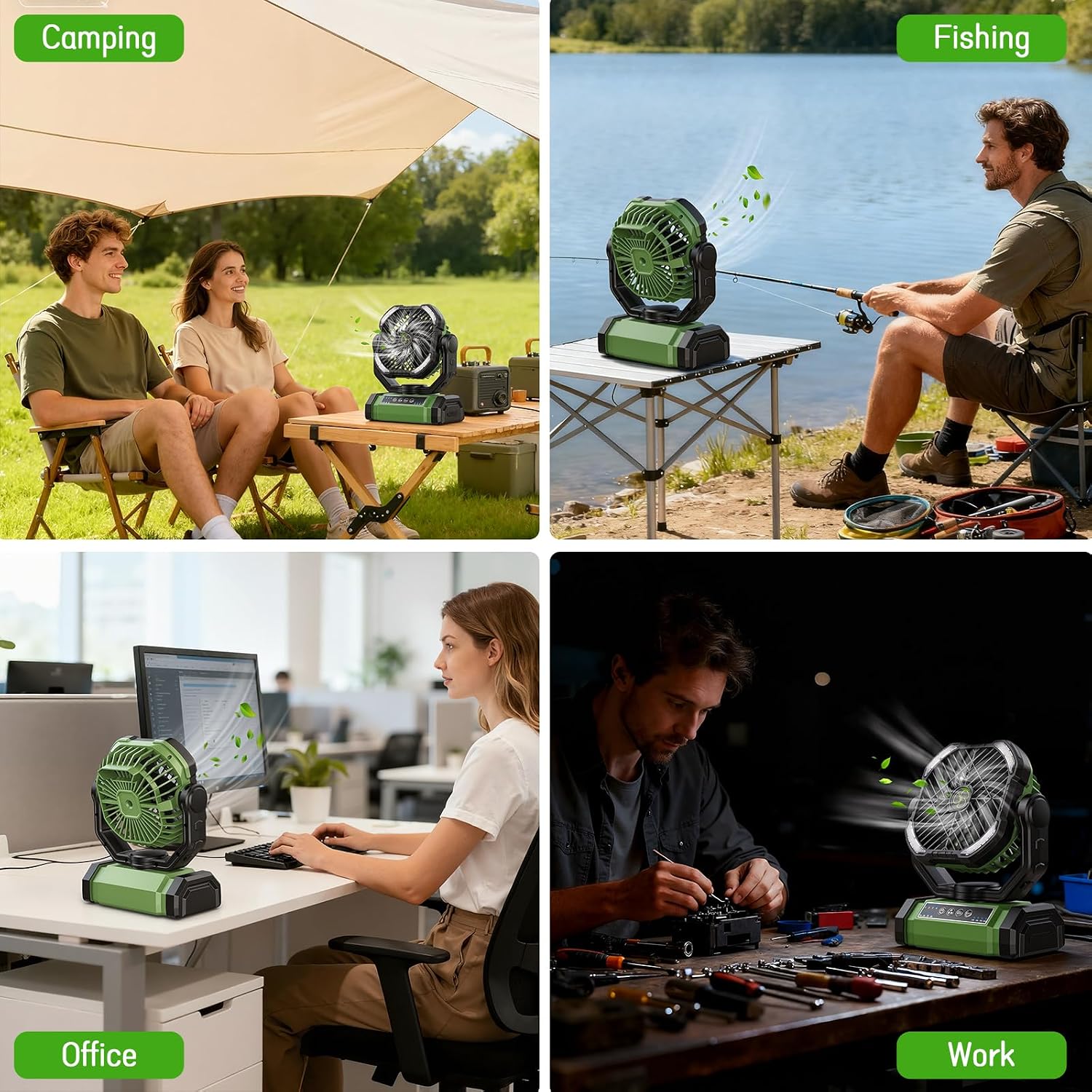 UUYEE Camping Fan Rechargeable, Battery Powered Fans - Green