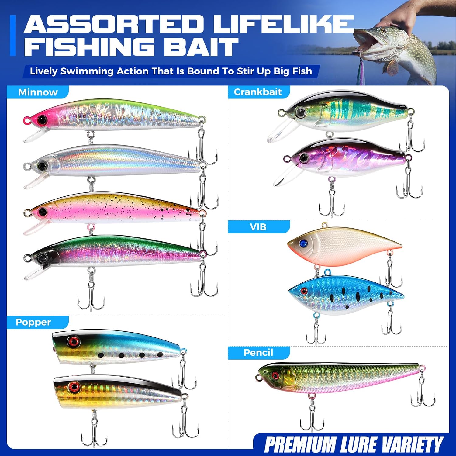 PLUSINNO Fishing Lures Fishing Tackle Box Fishing Gifts for Men, Bass, Trout Fishing Accessories Kit for Saltwater & Freshwater Fishing Gear Including Topwater Lures, Hooks, Spinnerbaits
