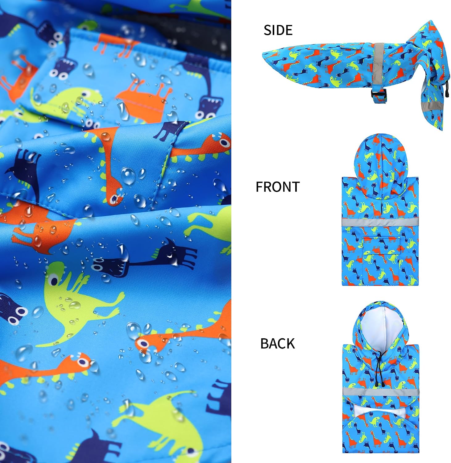 NACOCO Large Dog Raincoat Adjustable - Pet Dinosaurs Water Proof Clothes Lightweight Rain Jacket Poncho Hoodies with Strip Reflective Blue (L, Blue Dinosaur)