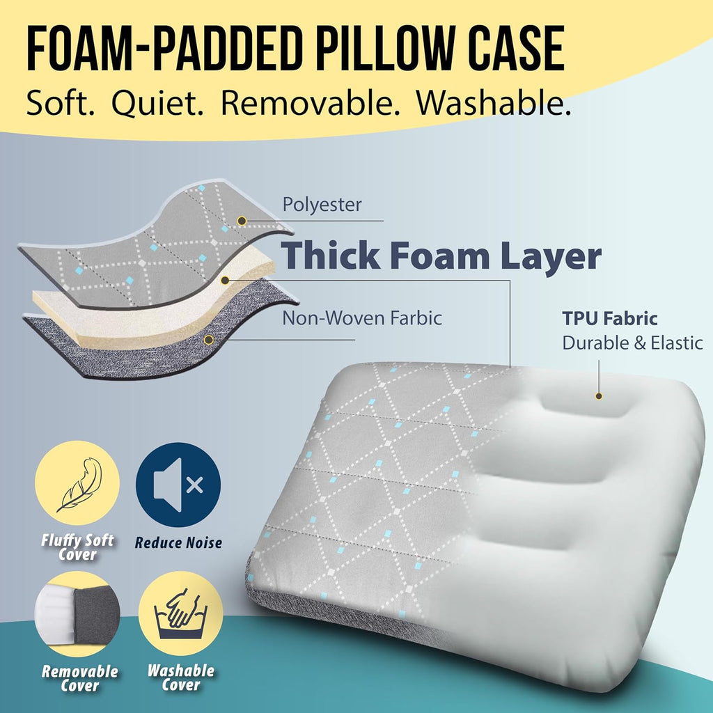 TREKOLOGY ALUFT Pro Inflatable Travel Pillow with Removable Foam-Padded Washable Cover - Quiet Soft-Touch Surface, Adjustable Firmness, Packs Palm-Size for Plane, Car, Camping & Backpacking