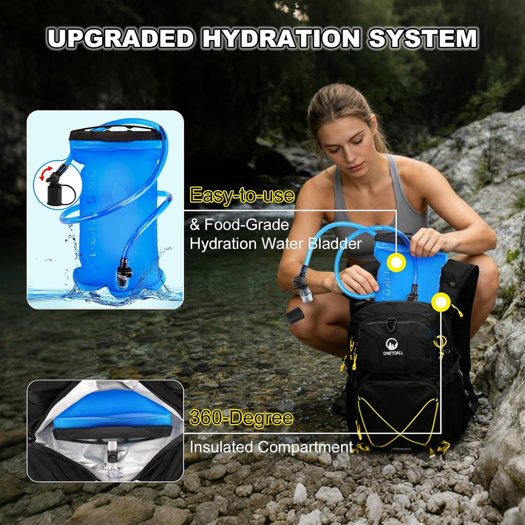 Hydration Backpack 22L, Hiking Backpack with 2L Leakproof Bladder, Sewn-in Rain Cover, Insulated Compartment for Men & Women Running, Cycling, Camping