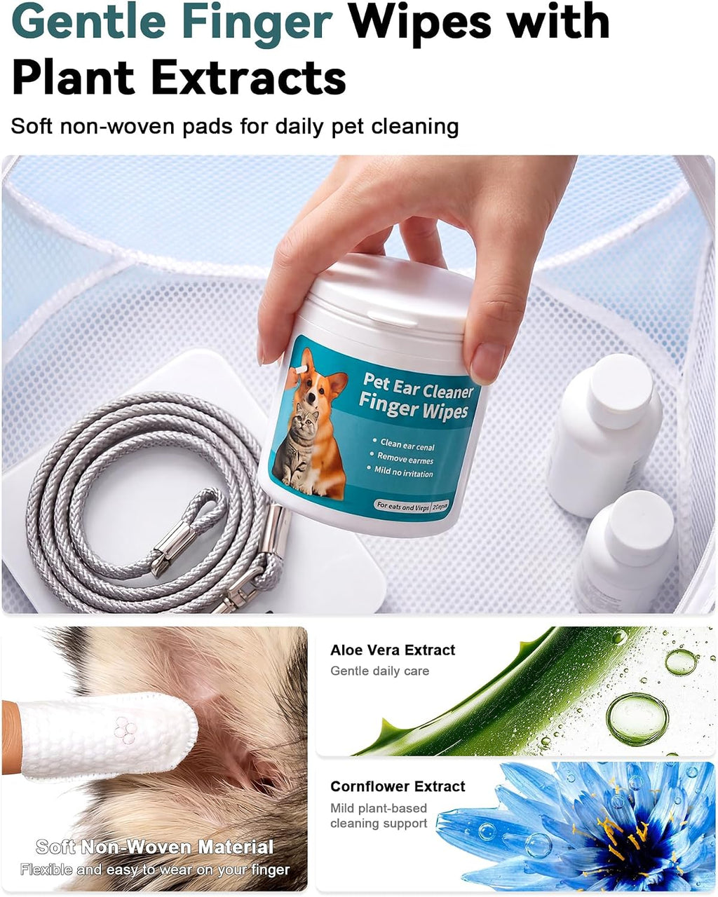 Pet Ear Camera Cleaning Kit with Screen, Dog &amp; Cat Ear Cleaner with 50 Finger Wipes, Gentle Soft Otic Ear Cleaning Pads, Helps Clean Dirt, Wax &amp; Odor-Causing Buildup, Non-Irritating, White