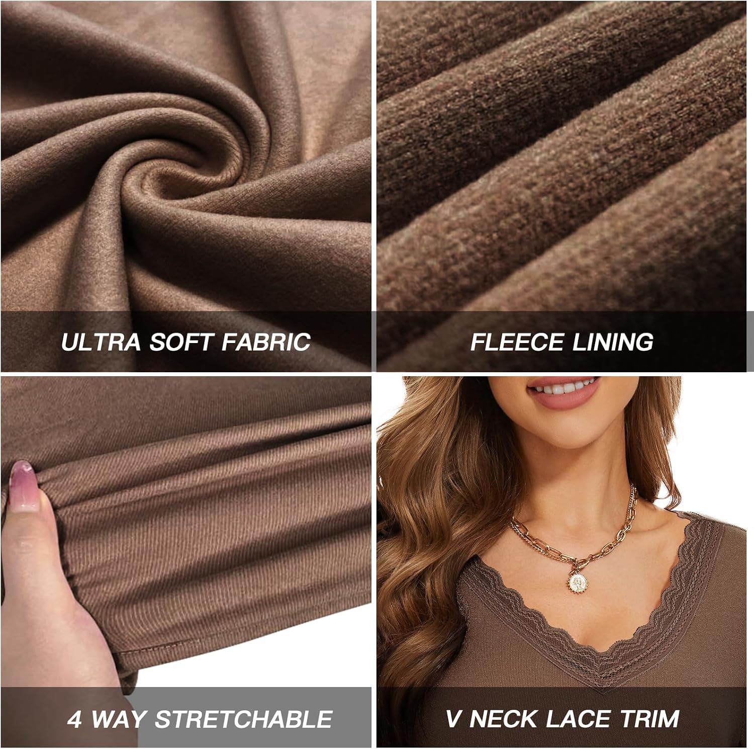 WOWENY Women Thermal Long Sleeve Shirt Fleece Lined Basic Fitted Tops Lace V Neck Undershirts Winter Tight Base Layer