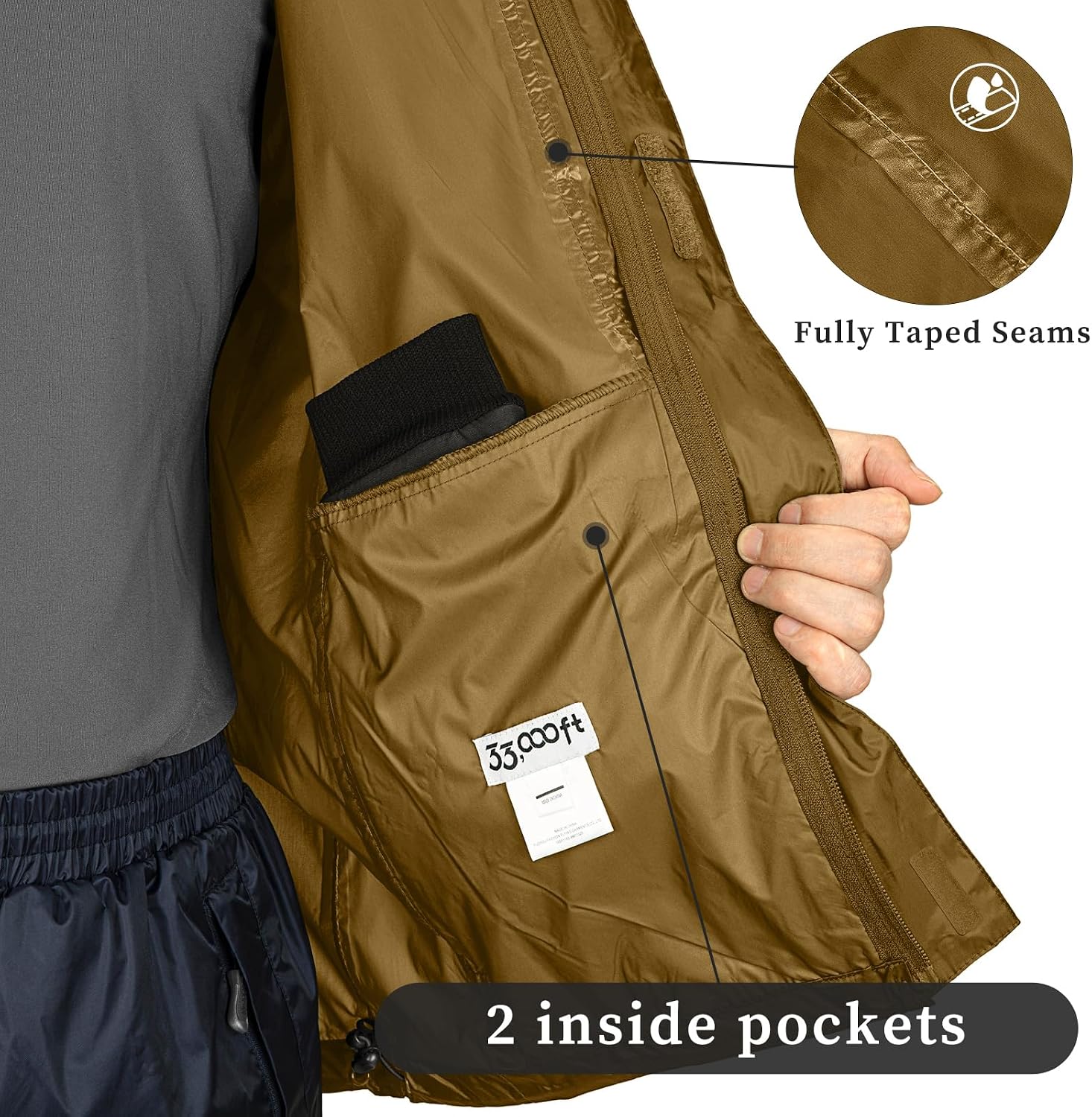 33,000ft Men's Packable Rain Jacket Lightweight Waterproof Golf Raincoat