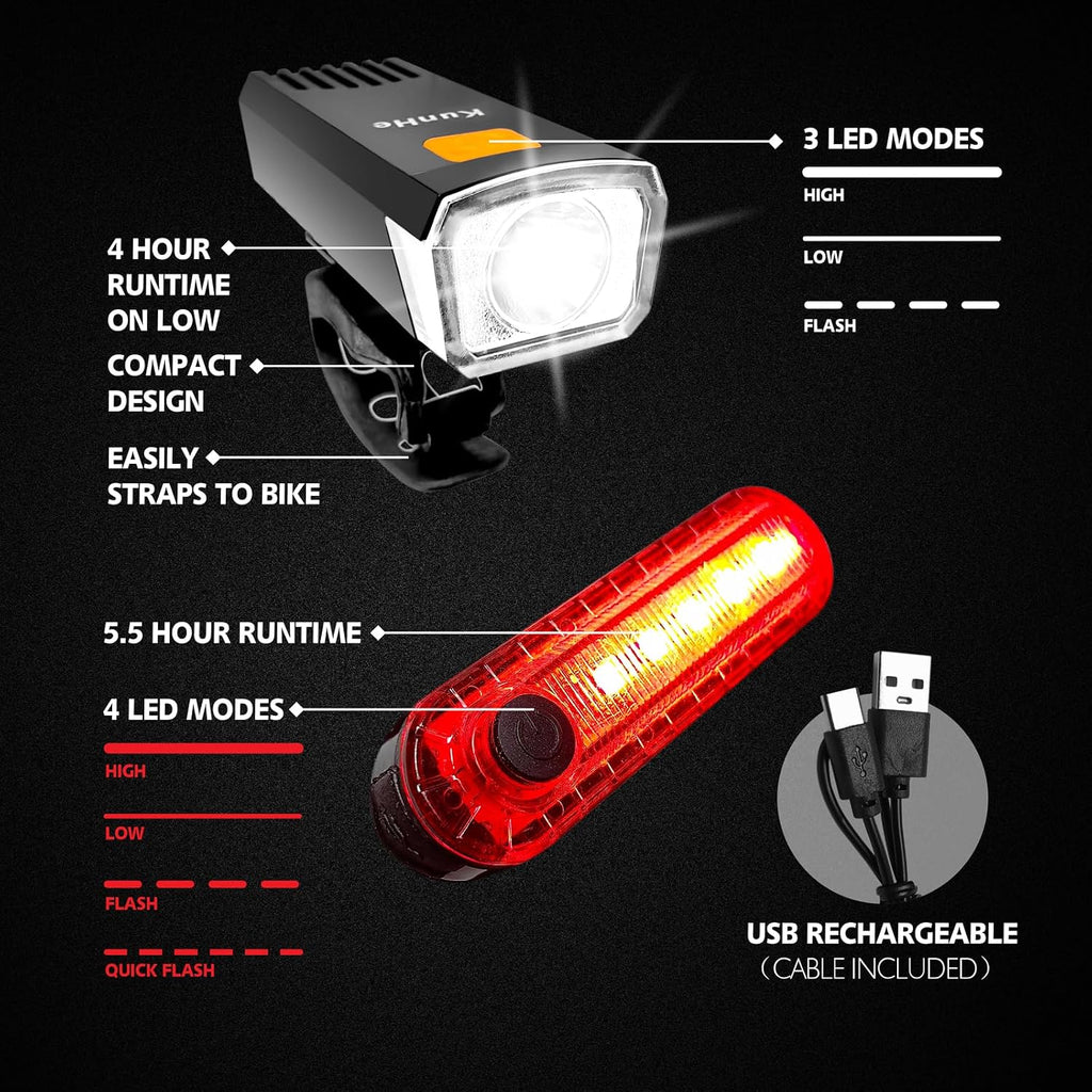Kunhe USB-C Rechargeable Bike Lights Front and Rear(2or4or10or20 Packs) Night Riding for Kids &Adults 3 Lights Modes Used as a Safety Indicator Light for Skateboards Strollers and Wheelchairs