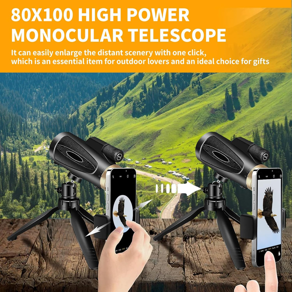 Monoculars for Adults High Powered 80x100 with Smartphone Adapter Tripod BAK4 Prism FMC Lens for Travel Bird Watching Wildlife Hiking Camping
