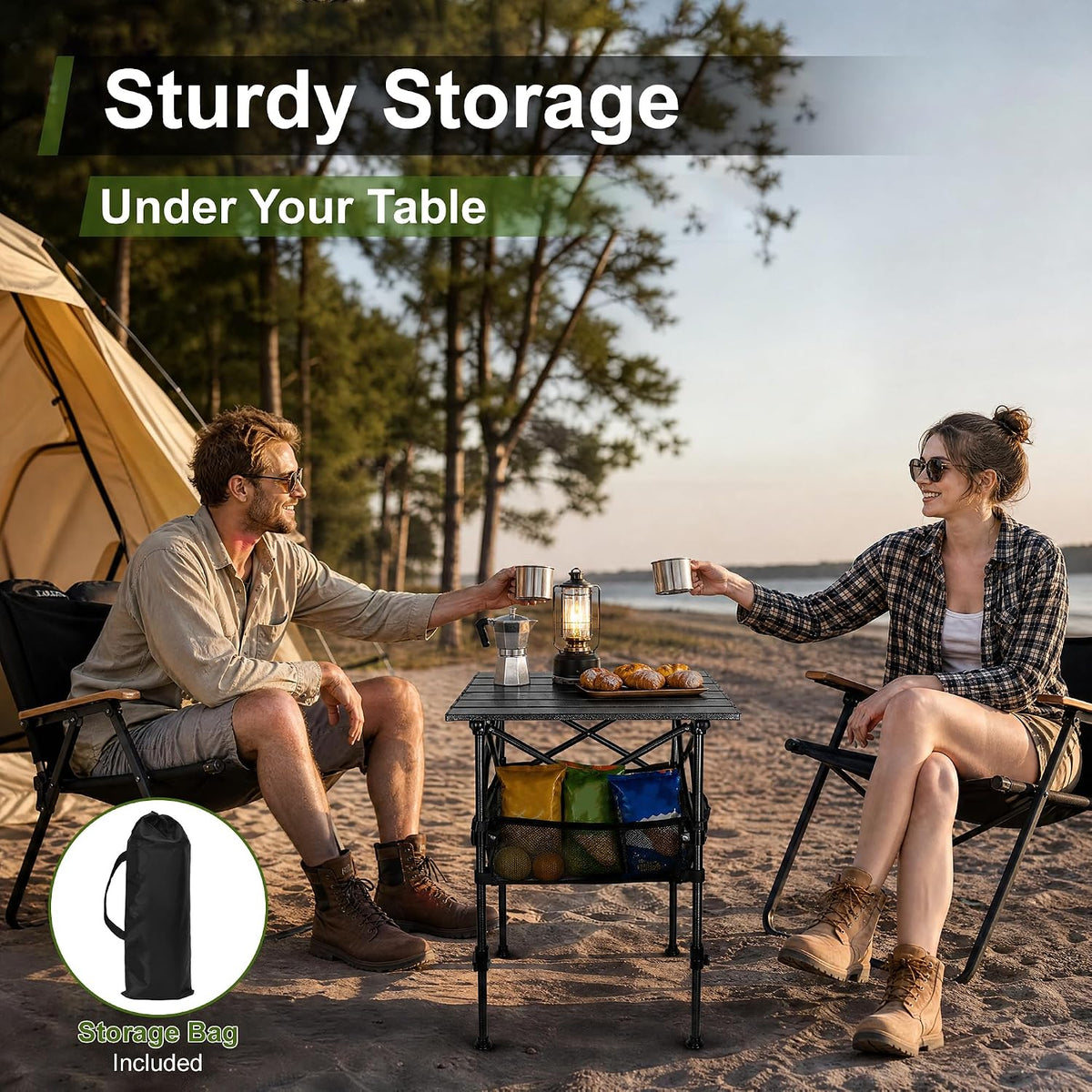 19.7"L x 20.9"W Folding Camping Table with Adjustable Height Black