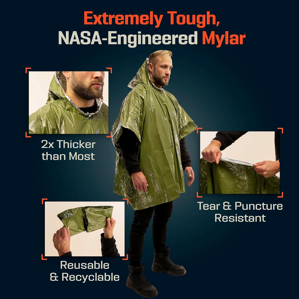 PREPARED4X Emergency Mylar Poncho – Survival Rain Poncho with Hood – Lightweight, Compact, Reusable Emergency Blanket Poncho for Hiking, Camping, Thermal Gear, Car Kit, Outdoors
