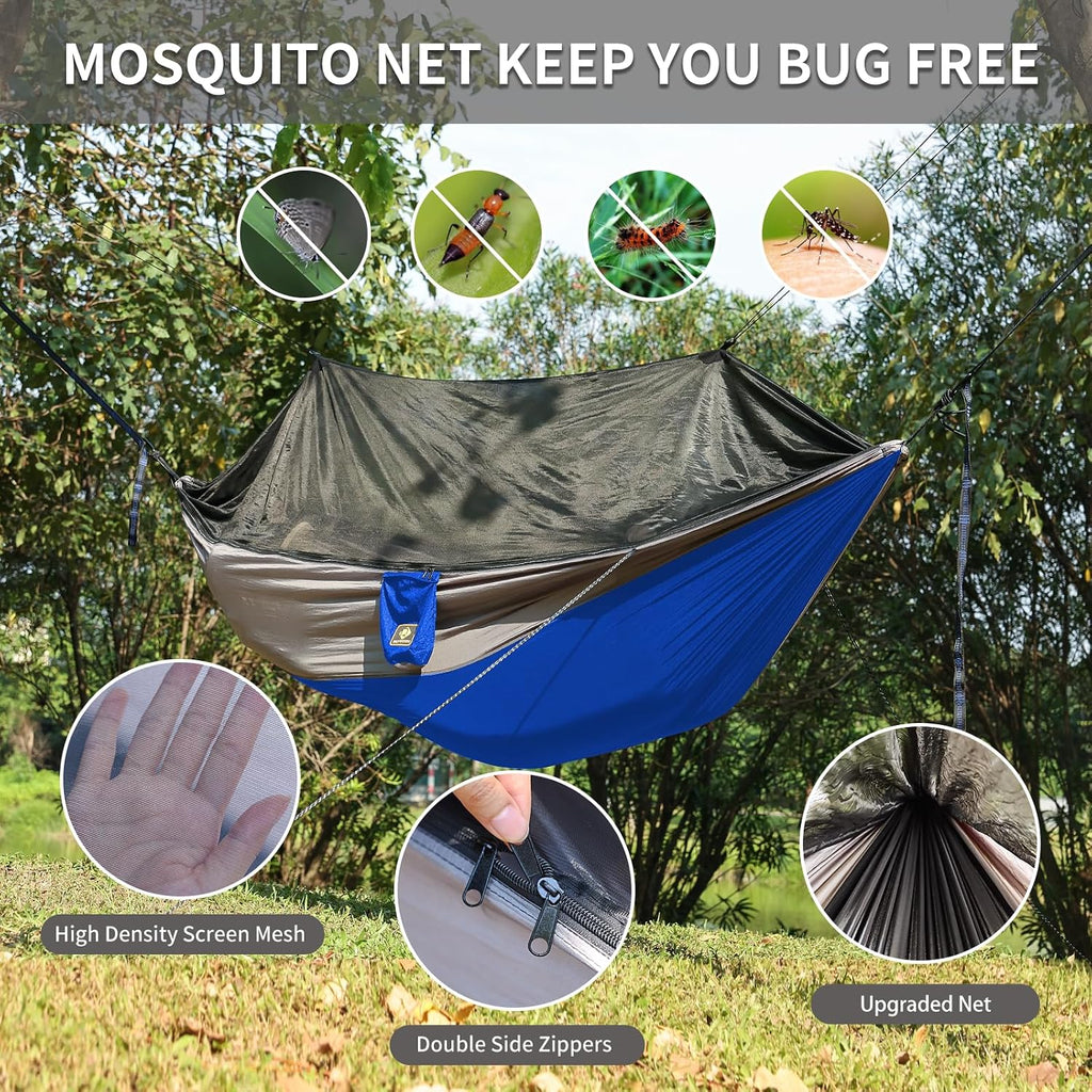 Camping Hammock with Net,Portable Lightweight Double Hammocks with Tree Straps and Solid D-Shape Hanging Hooks,Parachute Nylon Hammock for Backpacking Beach Backyard Patio Hiking