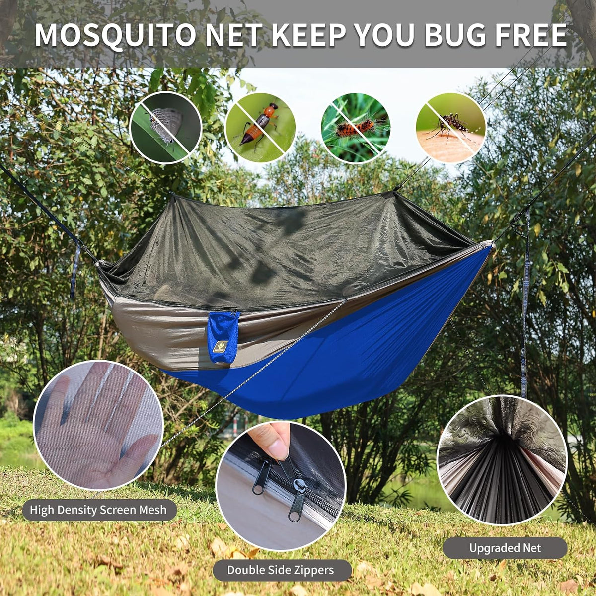 Camping Hammock with Net,Portable Lightweight Double Hammocks with Tree Straps and Solid D-Shape Hanging Hooks,Parachute Nylon Hammock for Backpacking Beach Backyard Patio Hiking